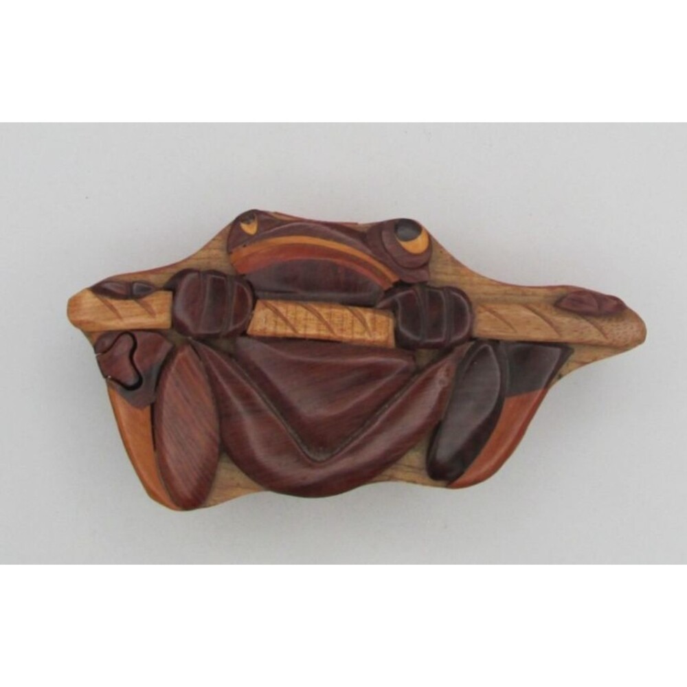 Vintage Frog Secret Compartment Wood Puzzle Trinket Box Intarsia
